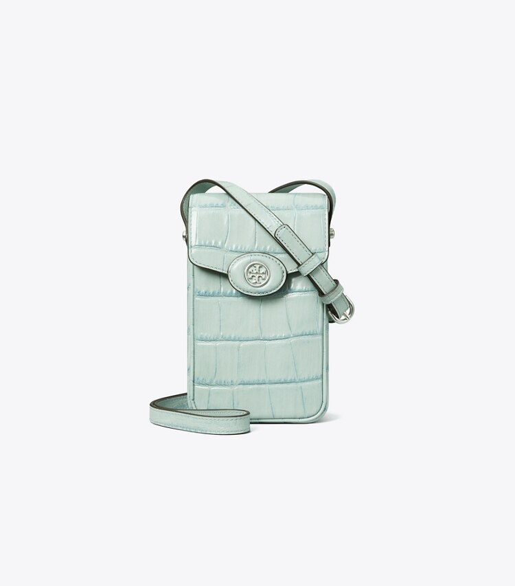 Tory Burch designer kleine taschen Robinson Crossbody Bag fürs Smartphone mit Krokoprägung in Blue Celadon front
