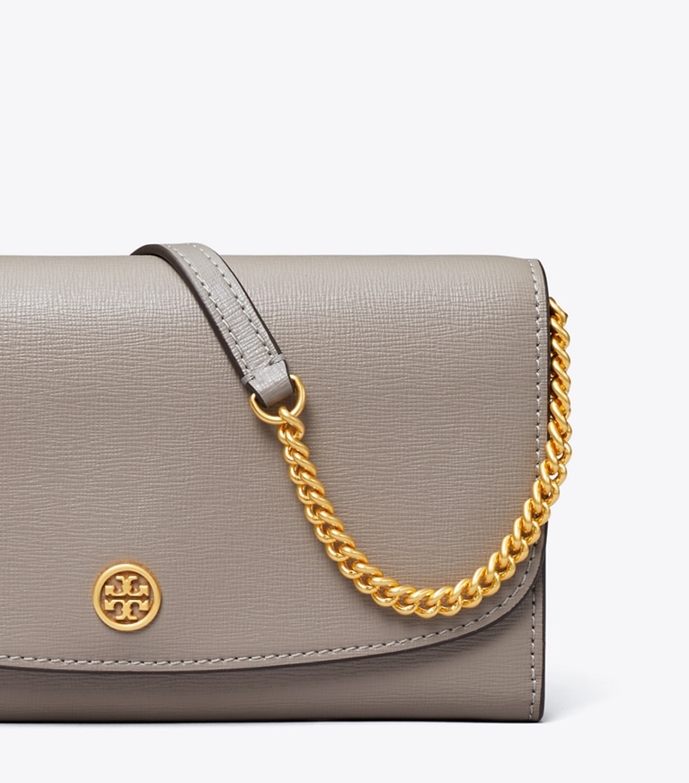 Tory Burch designer mini bags Robinson Crossbody in Gray Heron angle