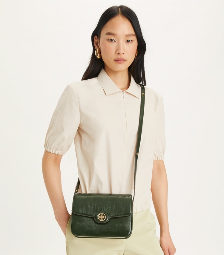 Tory Burch designer shoulder bags Robinson Crosshatched Convertible Shoulder Bag in Dark Everglade accessory on model