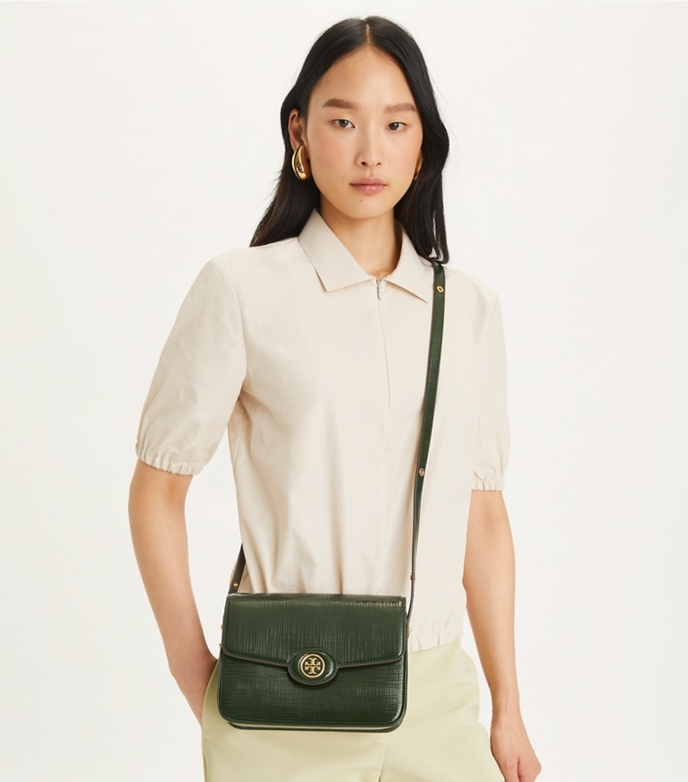 Tory Burch designer shoulder bags Robinson Crosshatched Convertible Shoulder Bag in Dark Everglade angle