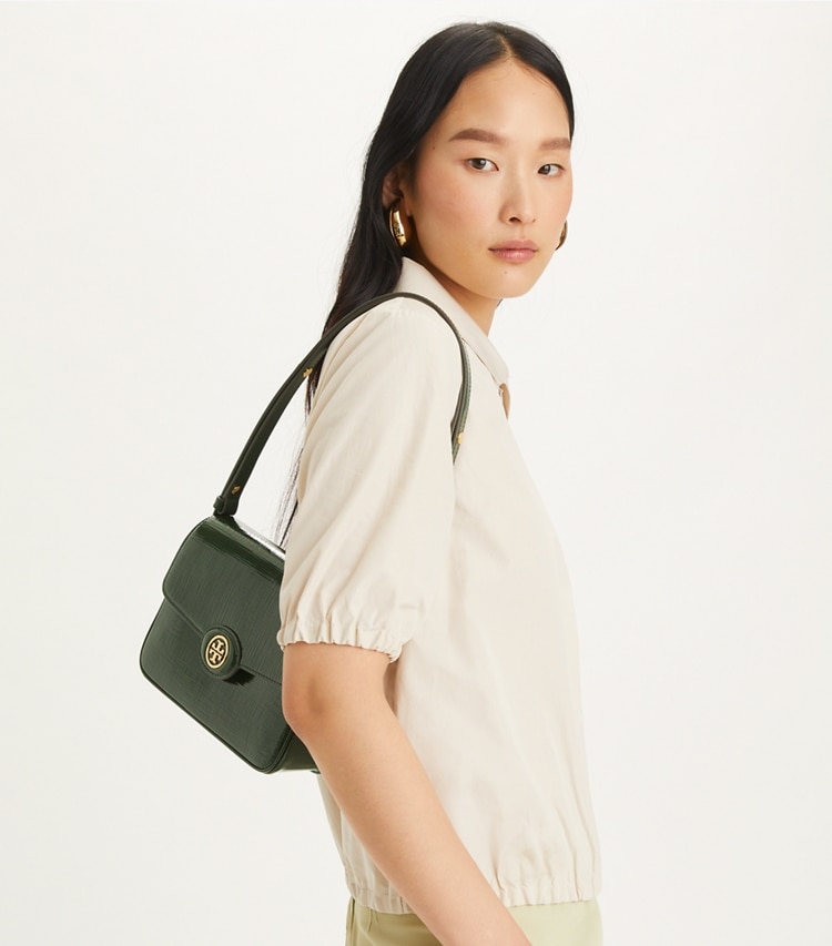 Tory Burch designer shoulder bags Robinson Crosshatched Convertible Shoulder Bag in Dark Everglade additional on model