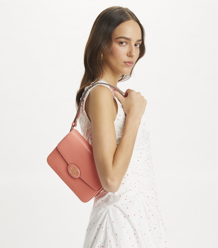 Tory Burch designer shoulder bags Robinson Crosshatched Convertible Shoulder Bag in Coral Crush angle