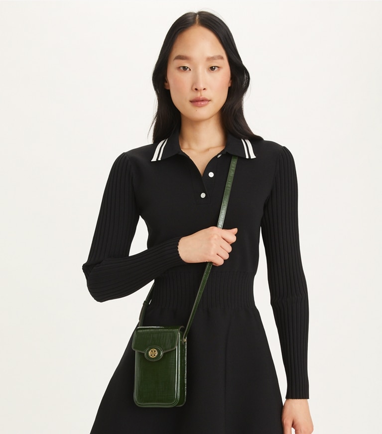 Tory Burch designer mini bags Robinson Crosshatched Phone Crossbody in Dark Everglade angle