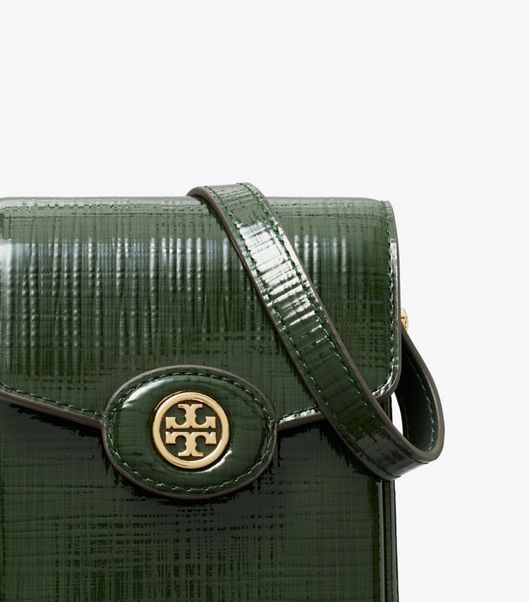 Tory Burch designer mini bags Robinson Crosshatched Phone Crossbody in Dark Everglade detail