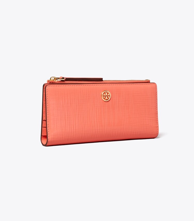 Tory Burch designer wallets Robinson Crosshatched Zip Slim Wallet in Coral Crush angle
