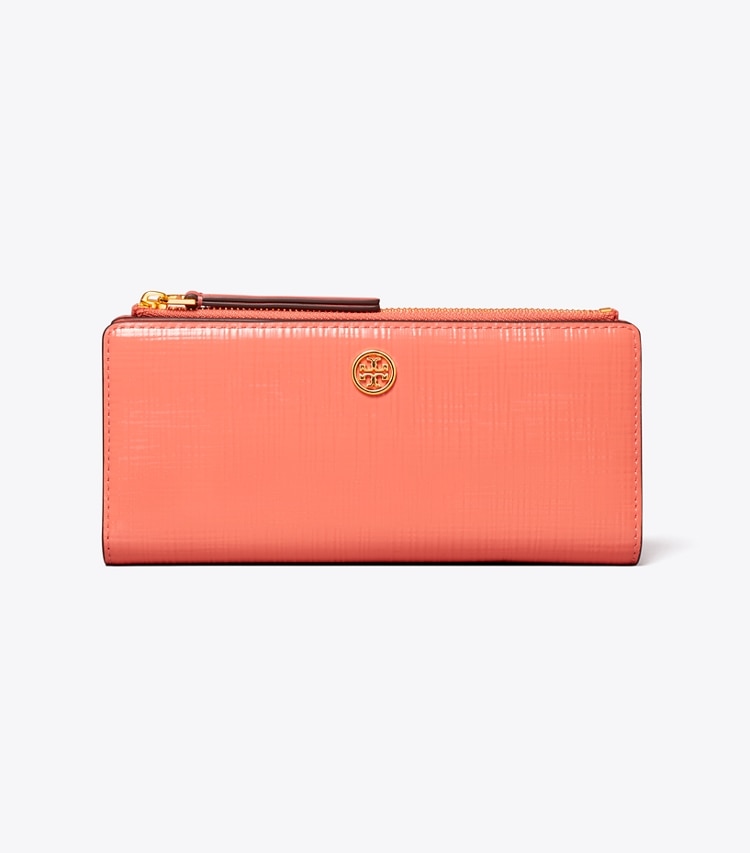 Tory Burch designer wallets Robinson Crosshatched Zip Slim Wallet in Coral Crush front