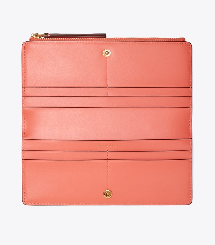 Tory Burch designer wallets Robinson Crosshatched Zip Slim Wallet in Coral Crush overhead