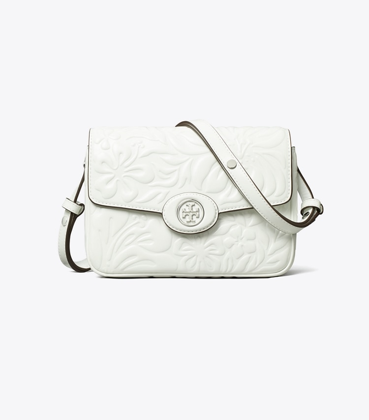 Tory Burch designer shoulder bags Robinson Floral Embossed Convertible Shoulder Bag in Blanc front