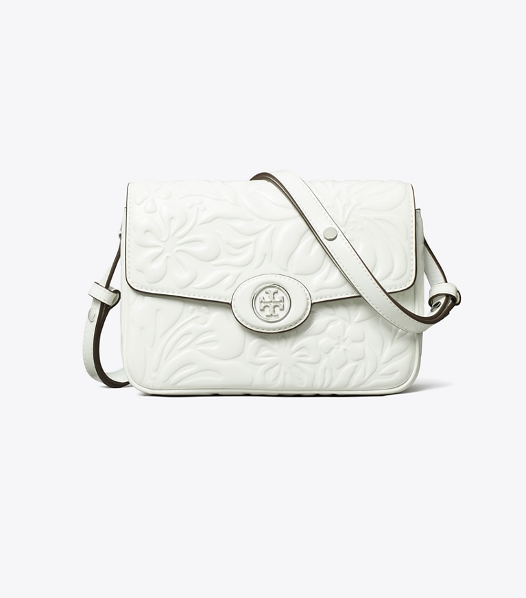 Tory Burch designer shoulder bags Robinson Floral Embossed Convertible Shoulder Bag in Blanc angle