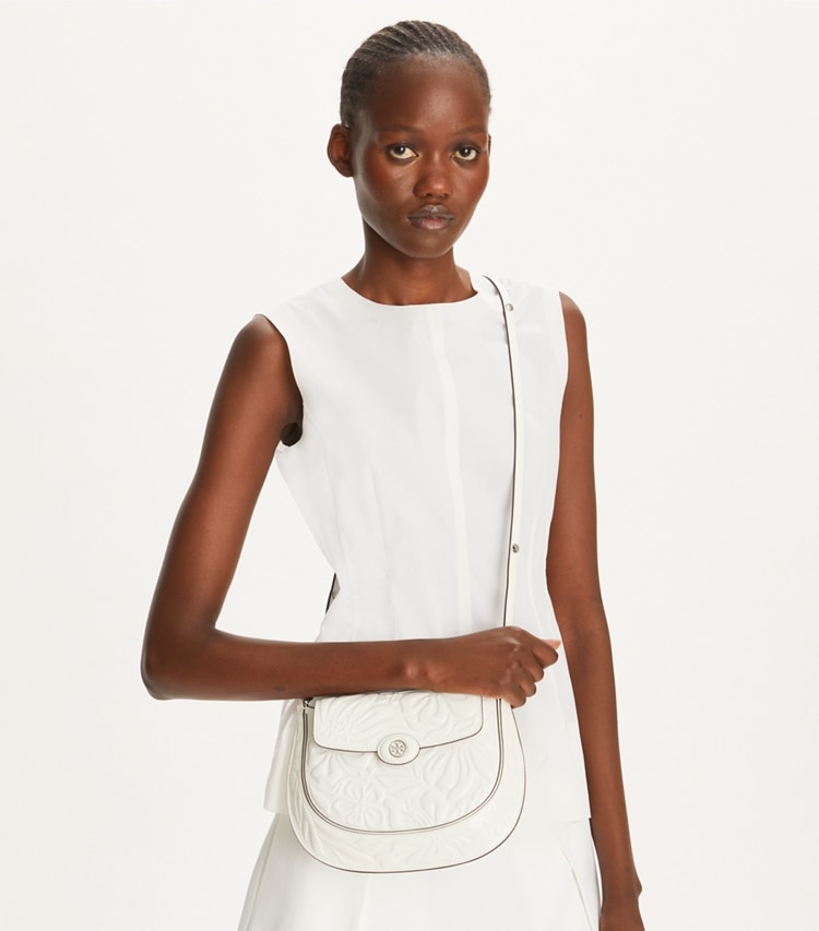 Tory Burch designer shoulder bags Robinson Floral Embossed Saddlebag in Blanc additional on model