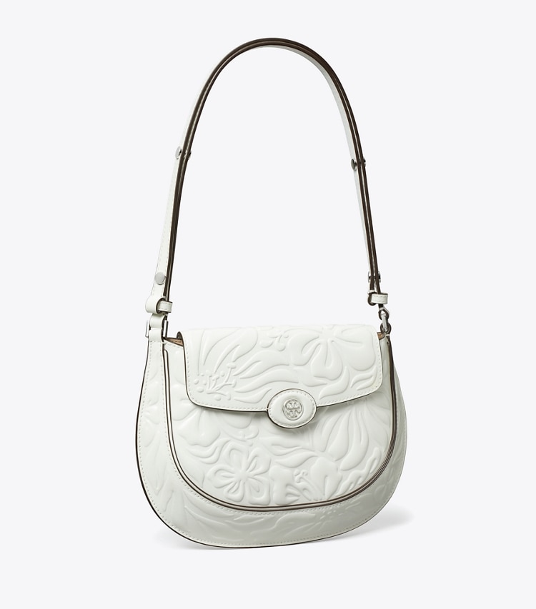Tory Burch designer shoulder bags Robinson Floral Embossed Saddlebag in Blanc angle