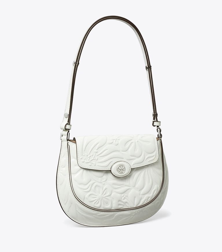 Tory Burch designer shoulder bags Robinson Floral Embossed Saddlebag in Blanc angle
