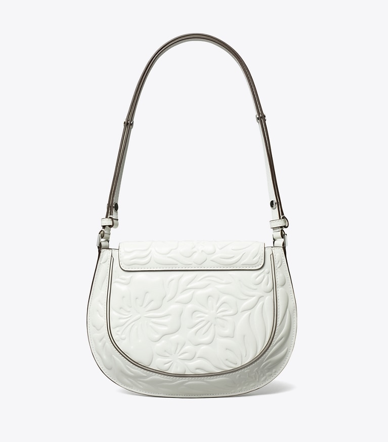 Tory Burch designer shoulder bags Robinson Floral Embossed Saddlebag in Blanc angle