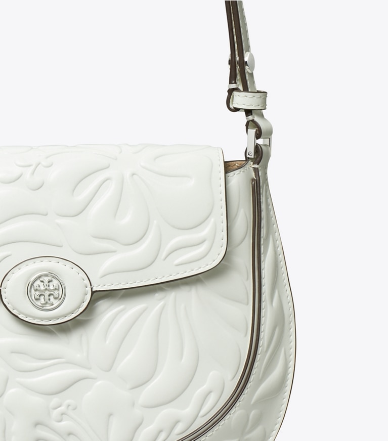 Tory Burch designer shoulder bags Robinson Floral Embossed Saddlebag in Blanc angle