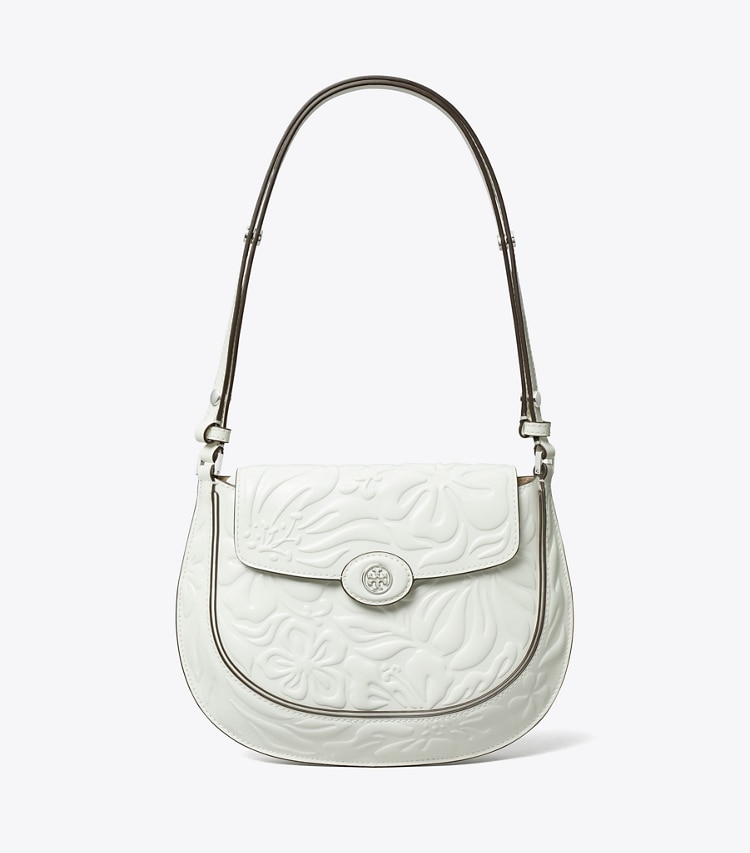 Tory Burch designer shoulder bags Robinson Floral Embossed Saddlebag in Blanc front