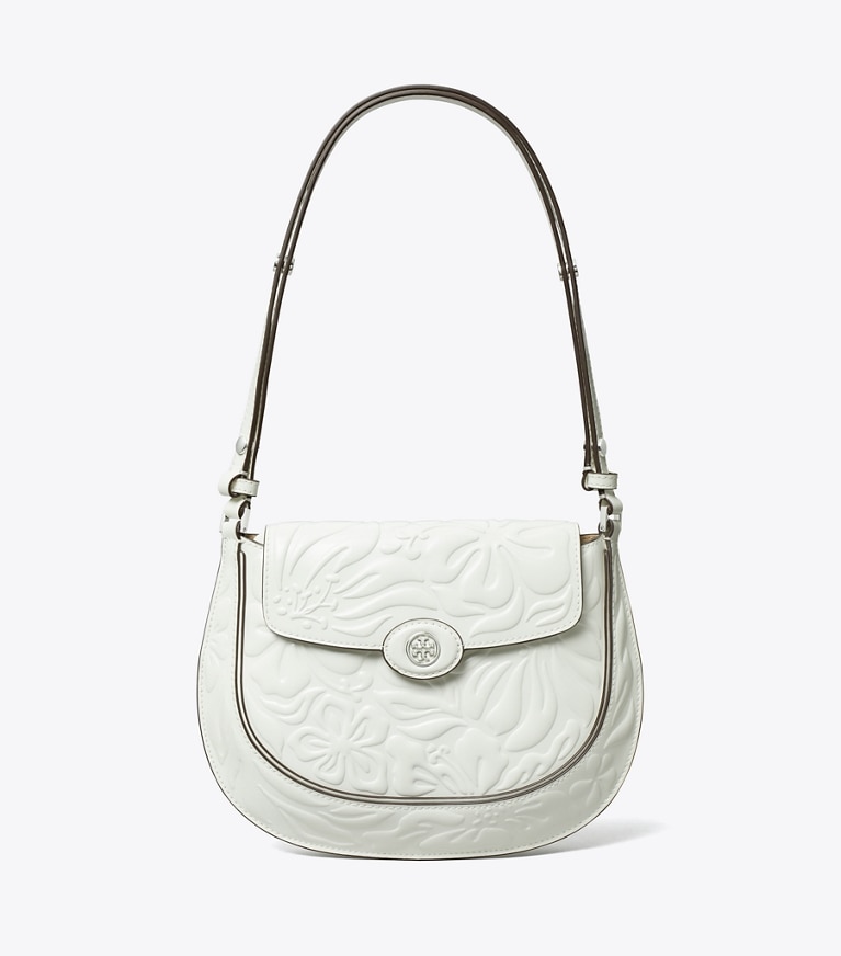 Tory Burch designer shoulder bags Robinson Floral Embossed Saddlebag in Blanc angle