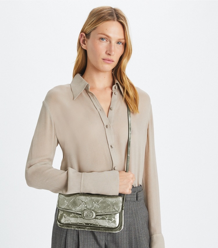 Tory Burch designer shoulder bags Robinson Floral Metallic Rectangular Shoulder Bag in Pewter accessory on model
