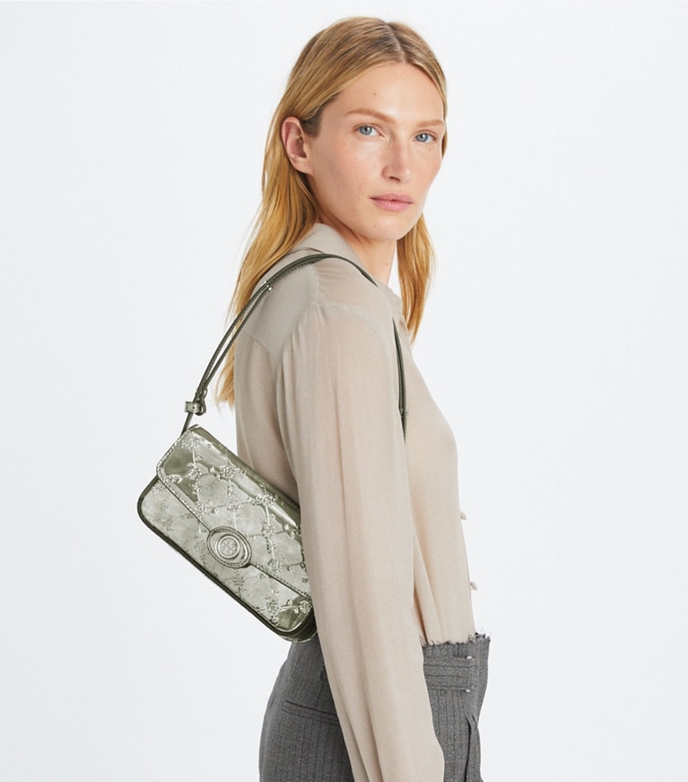 Tory Burch designer shoulder bags Robinson Floral Metallic Rectangular Shoulder Bag in Pewter angle