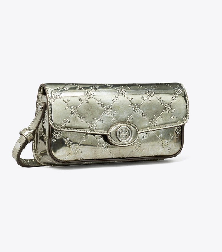 Tory Burch designer shoulder bags Robinson Floral Metallic Rectangular Shoulder Bag in Pewter angle