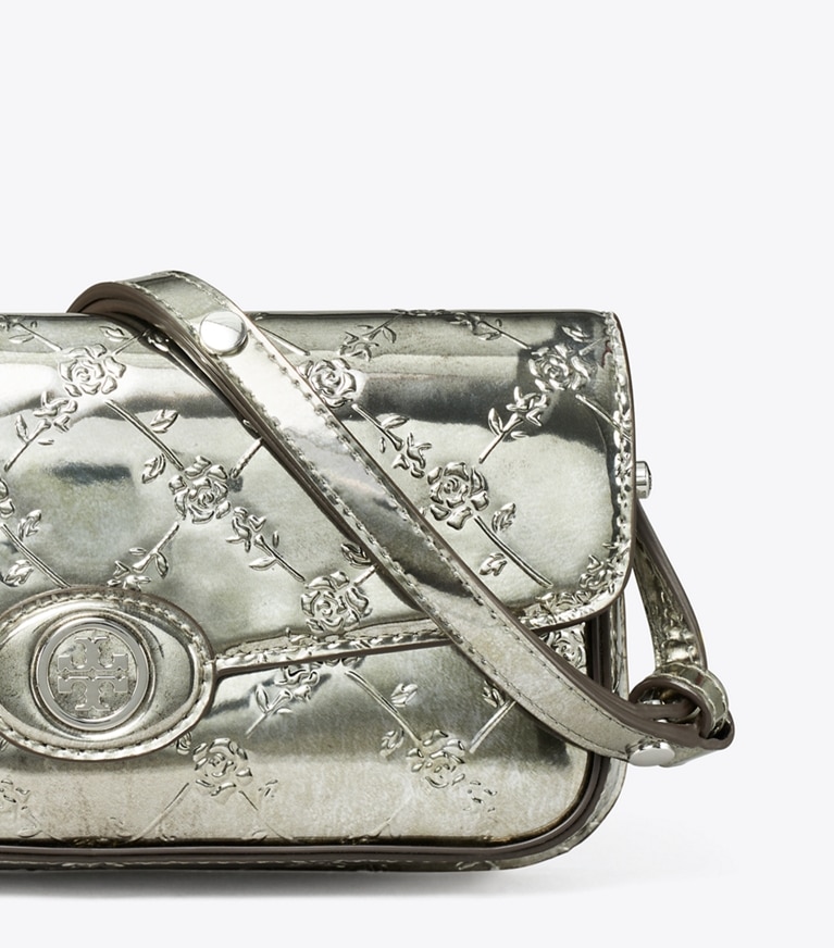 Tory Burch designer shoulder bags Robinson Floral Metallic Rectangular Shoulder Bag in Pewter angle