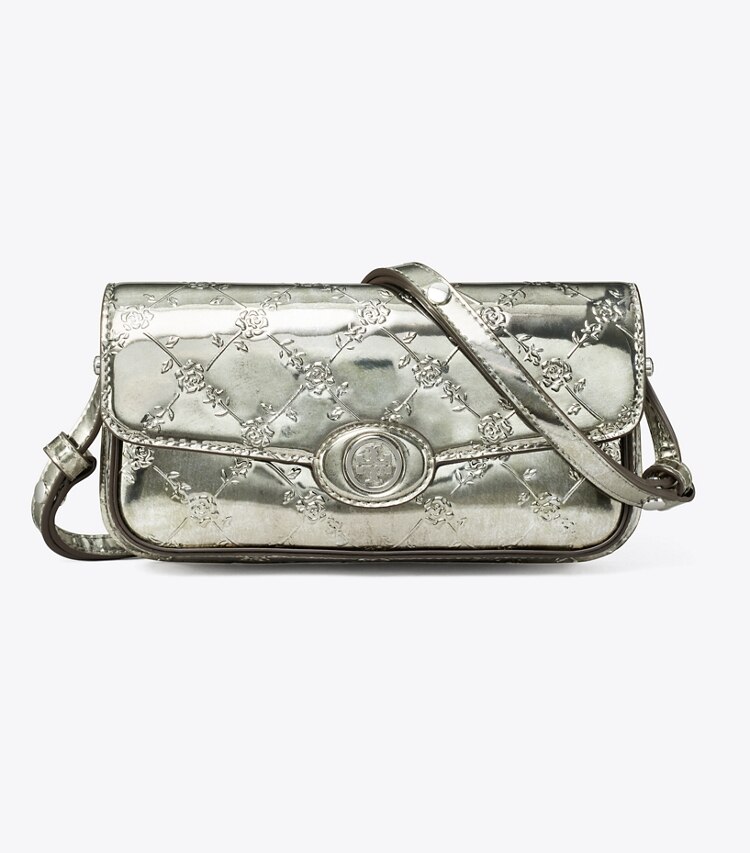 Tory Burch designer shoulder bags Robinson Floral Metallic Rectangular Shoulder Bag in Pewter front