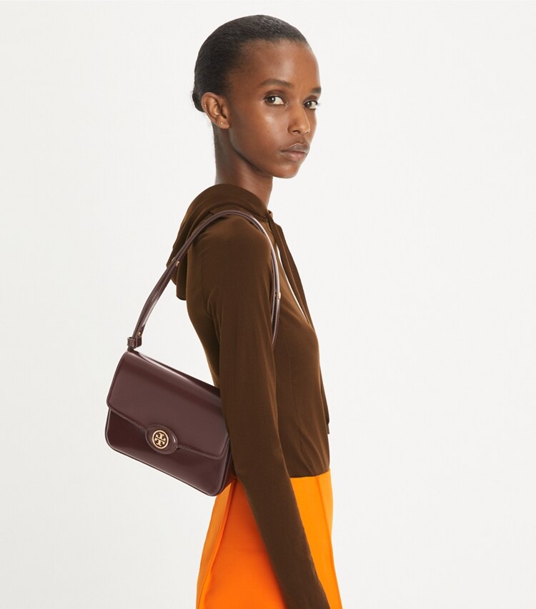 Tory Burch designer shoulder bags Robinson Floral Spazzolato Convertible Shoulder Bag in TEMPRANILLO accessory on model