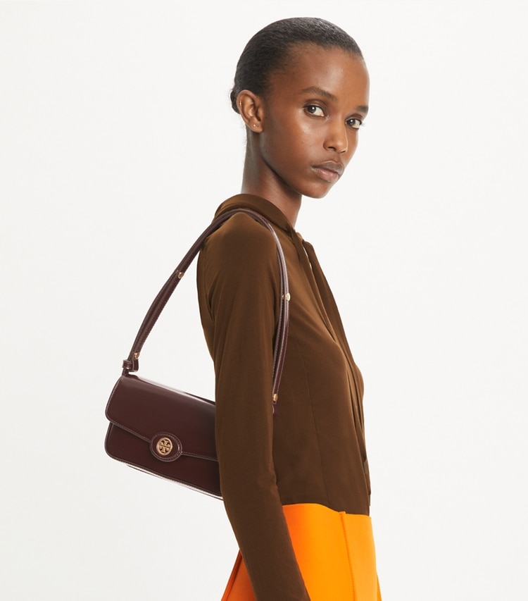 Tory Burch designer shoulder bags Robinson Floral Spazzolato Rectangular Shoulder Bag in TEMPRANILLO accessory on model