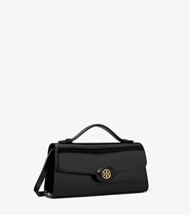 Tory Burch designer kleine taschen Robinson Geldbörse aus Spazzolatoleder mit Tragegriff oben und Kette in Black angle