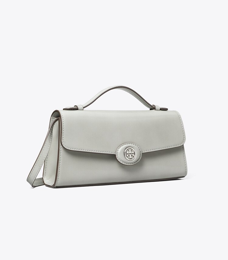 Tory Burch designer kleine taschen Robinson Geldbörse aus Spazzolatoleder mit Tragegriff oben und Kette in Light Granite angle
