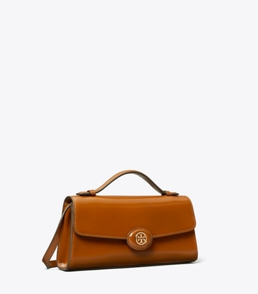 Tory Burch designer kleine taschen Robinson Geldbörse aus Spazzolatoleder mit Tragegriff oben und Kette in DARK SIENNA angle