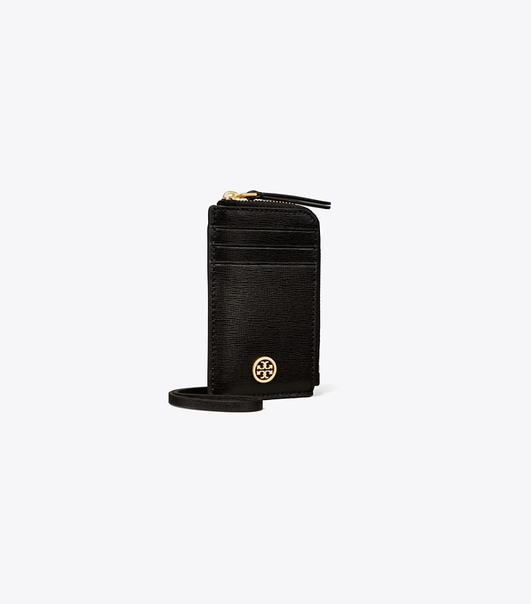 Tory Burch designer card cases Robinson Lanyard in Black angle