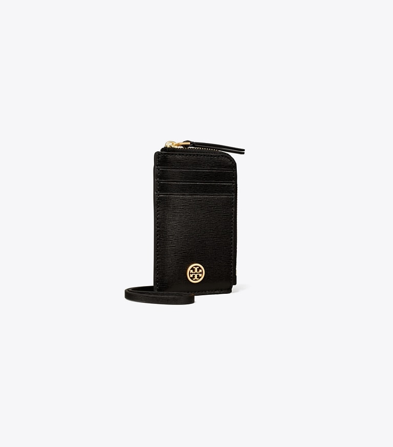 Tory Burch designer card cases Robinson Lanyard in Black angle