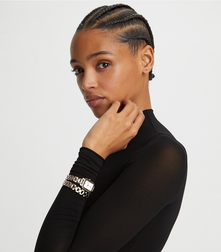 Tory Burch designer strap watches Robinson Mini Watch, Two-Tone Gold/Stainless Steel in Silver/Gold/Ivory accessory on model