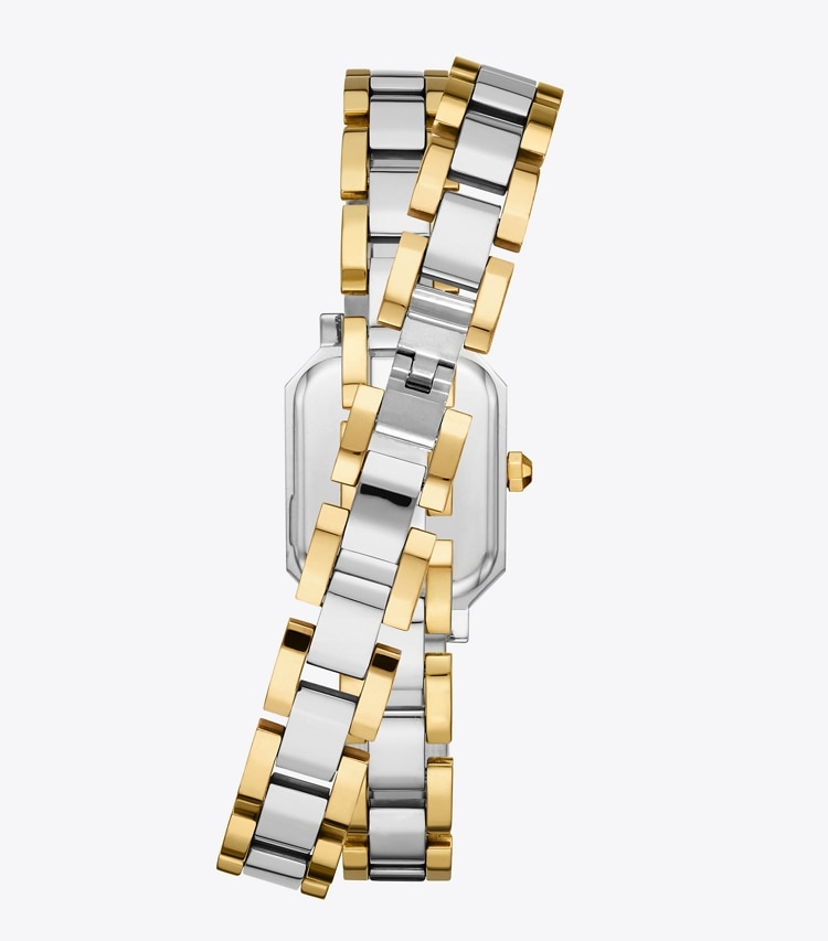 Tory Burch designer strap watches Robinson Mini Watch, Two-Tone Gold/Stainless Steel in Silver/Gold/Ivory back