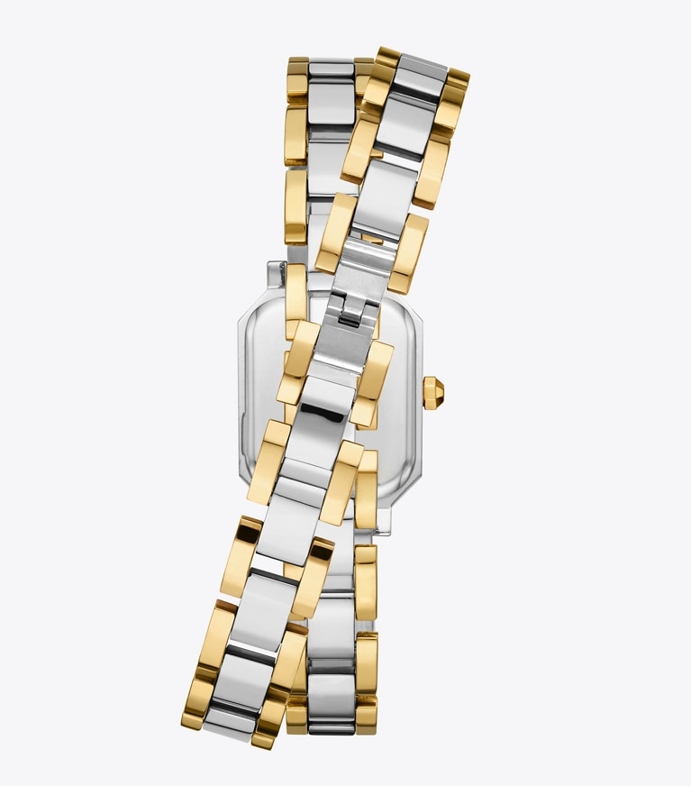 Tory Burch designer strap watches Robinson Mini Watch, Two-Tone Gold/Stainless Steel in Silver/Gold/Ivory front