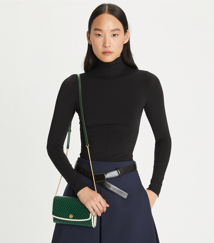 Tory Burch designer mini bags Robinson Patent Quilted Crossbody in Pine Tree accessory on model