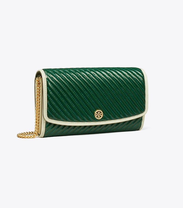 Tory Burch designer mini bags Robinson Patent Quilted Crossbody in Pine Tree angle