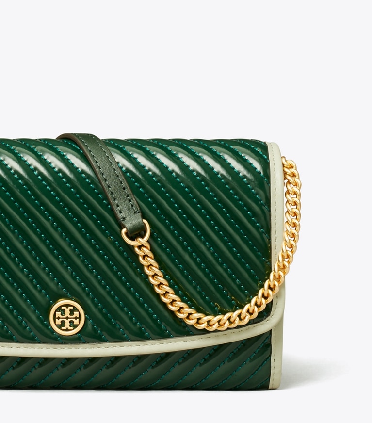 Tory Burch designer mini bags Robinson Patent Quilted Crossbody in Pine Tree angle