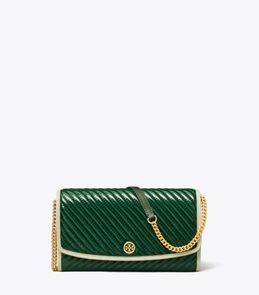 Tory Burch designer mini bags Robinson Patent Quilted Crossbody in Pine Tree front
