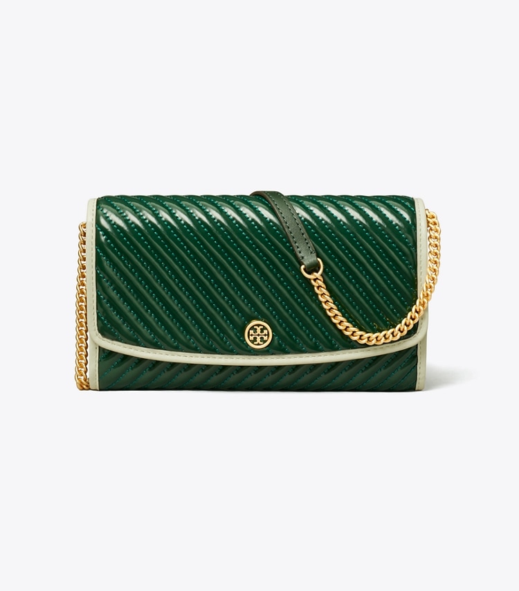 Tory Burch designer mini bags Robinson Patent Quilted Crossbody in Pine Tree front
