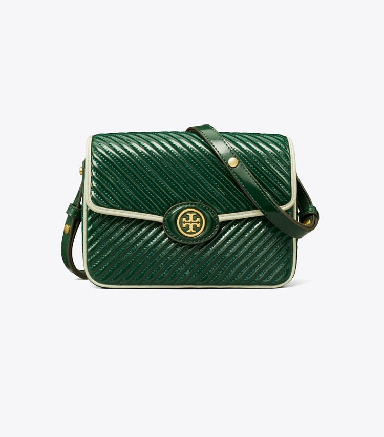 Tory Burch designer shoulder bags Robinson Patent Quilted Shoulder Bag in Pine Tree front