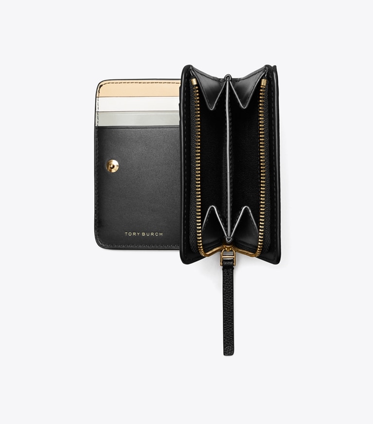 Tory Burch designer 財布 ロビンソン ペブルド バイフォールド ウォレット in Black angle