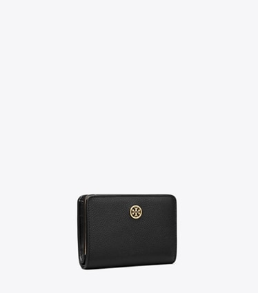Tory Burch designer 財布 ロビンソン ペブルド バイフォールド ウォレット in Black angle