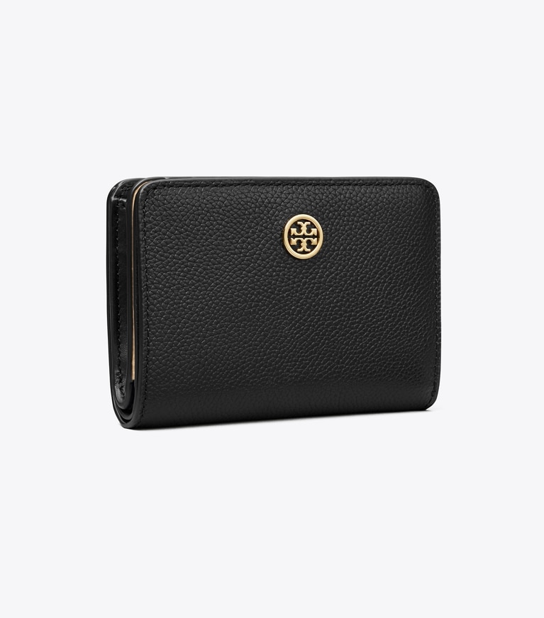 Tory Burch designer 財布 ロビンソン ペブルド バイフォールド ウォレット in Black angle