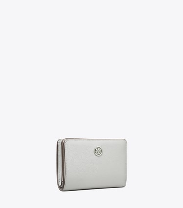 Tory Burch designer 財布 ロビンソン ペブルド バイフォールド ウォレット in Light Granite angle