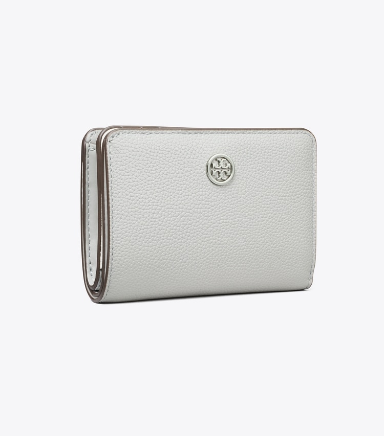 Tory Burch designer wallets Robinson Pebbled Bi-Fold Wallet in Light Granite angle