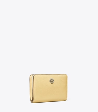 Tory Burch designer 財布 ロビンソン ペブルド バイフォールド ウォレット in Praline angle