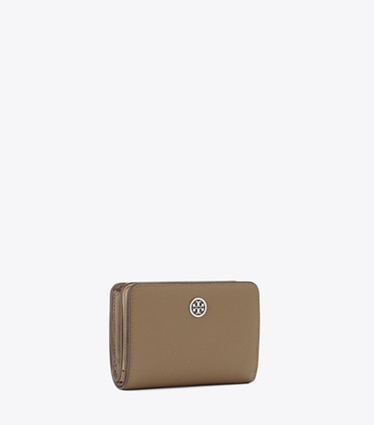 Tory Burch designer 財布 ロビンソン ペブルド バイフォールド ウォレット in Wild Mushroom angle