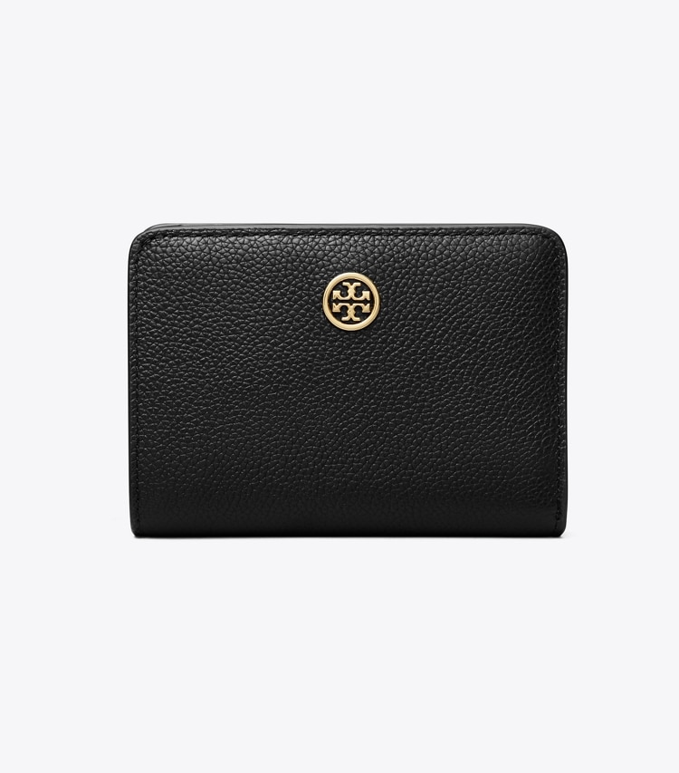 Tory Burch designer 財布 ロビンソン ペブルド バイフォールド ウォレット in Black front