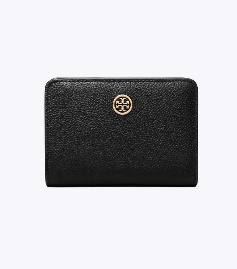 Tory Burch designer 財布 ロビンソン ペブルド バイフォールド ウォレット in Black angle